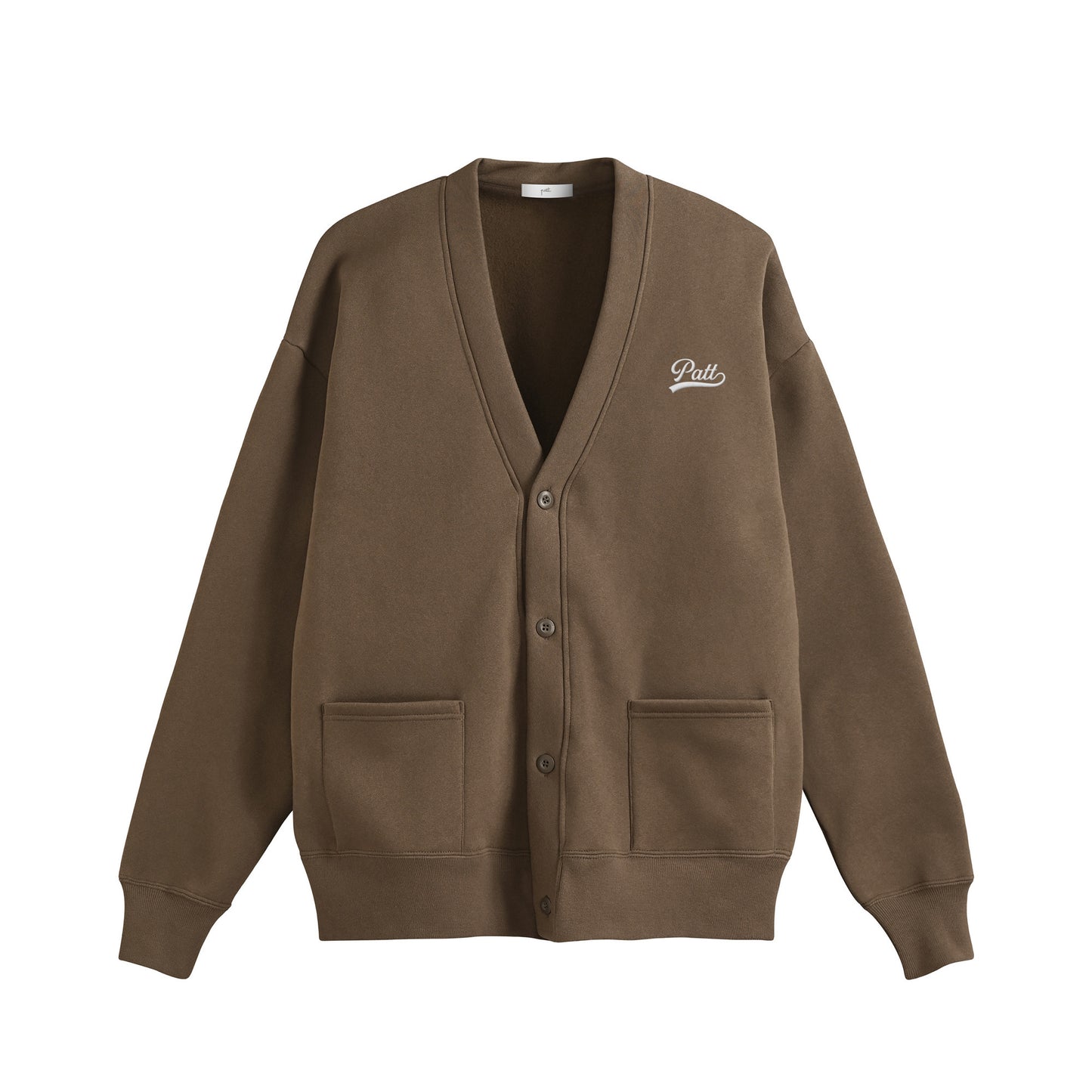 LOGO CARDIGAN, front side, dark brown, original brand cardigan