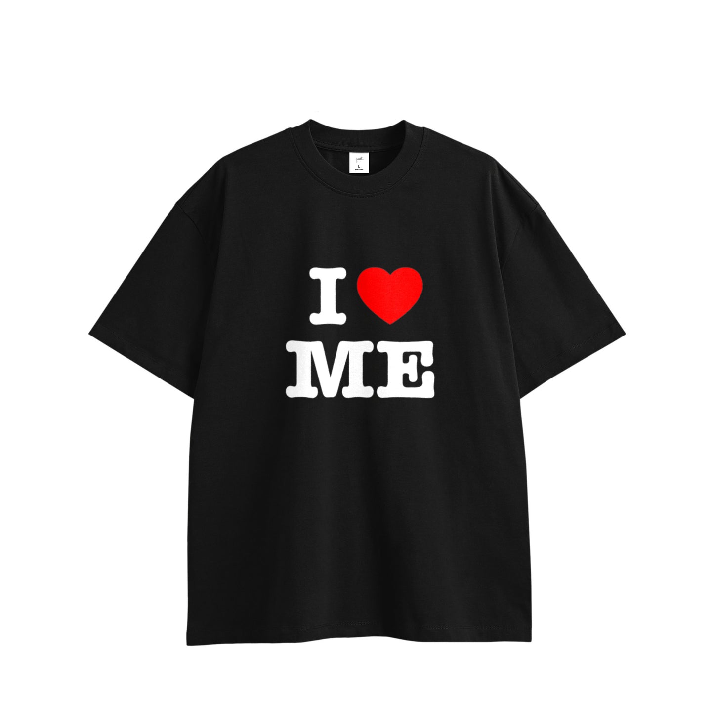 I LOVE ME TEE,  front side, black, original brand t shirt