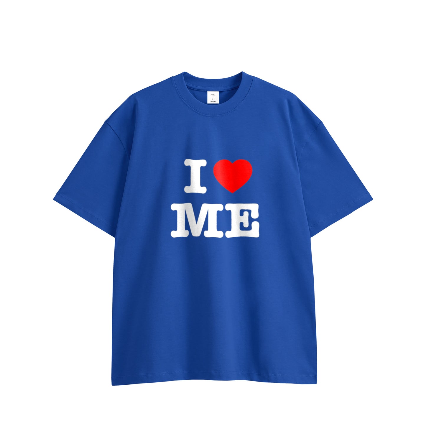 I LOVE ME TEE,  front side, blue, original brand t shirt