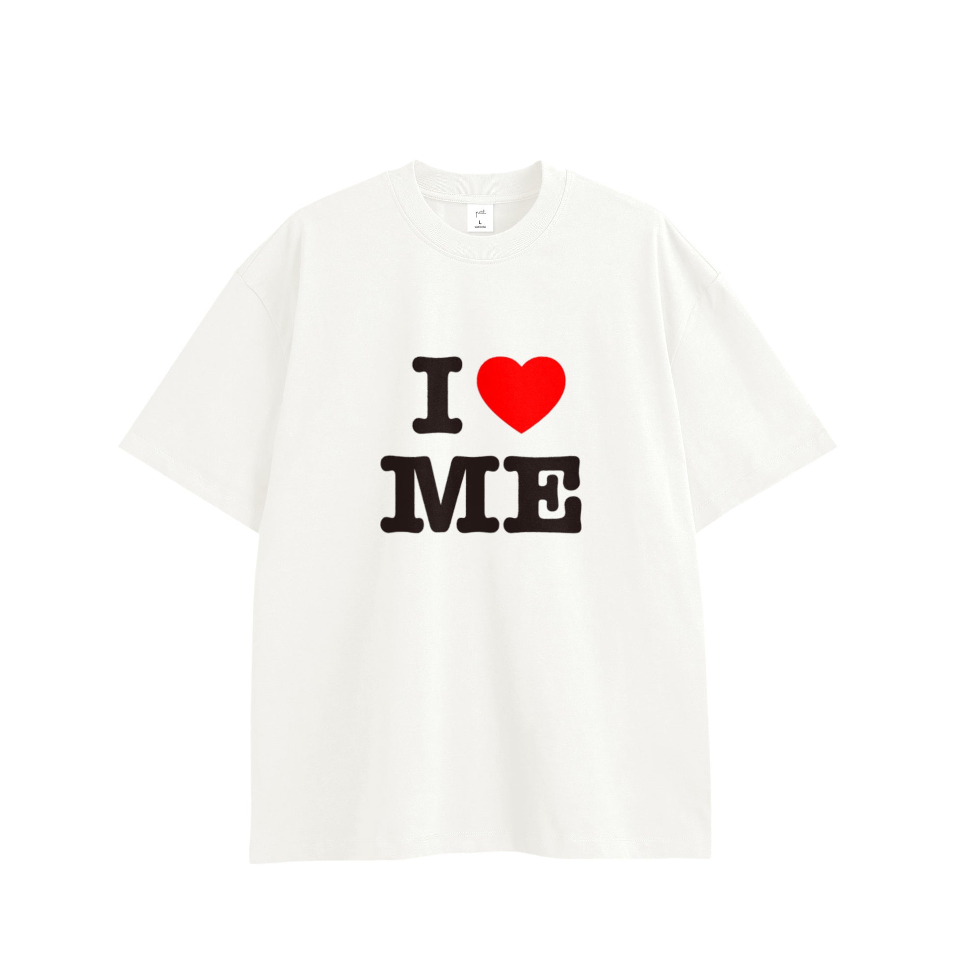 I LOVE ME TEE,  front side, white, original brand t shirt